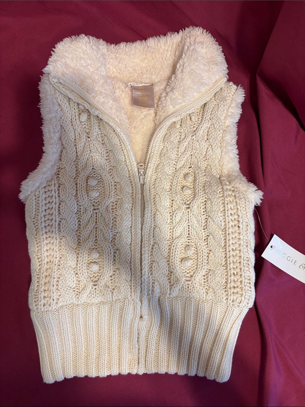 Maggie & Zoe Cream Cable Knit Sherpa-Lined Vest